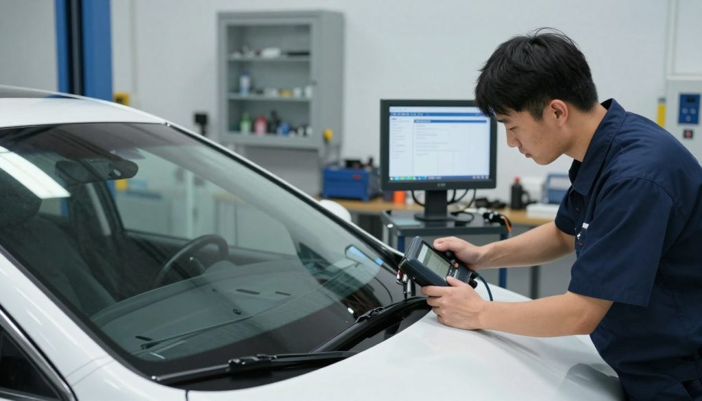 A modern auto service garage featuring a Lexus sedan with a freshly replaced windshield parked in the foreground. A technician in a professional uniform is carefully using a diagnostic tool to recalibrate the Advanced Driver Assistance Systems (ADAS). The middle ground shows various tools and equipment typical in a service area, with clear focus on a computer screen displaying calibration data. In the background, soft workshop lighting creates an organized and clean atmosphere, highlighting the professional environment. The angle captures the technician’s concentration and the intricate details of the vehicle's features, emphasizing the importance of precise recalibration. The mood is one of expertise and diligence, showcasing the crucial steps taken to ensure vehicle safety after windshield replacement.