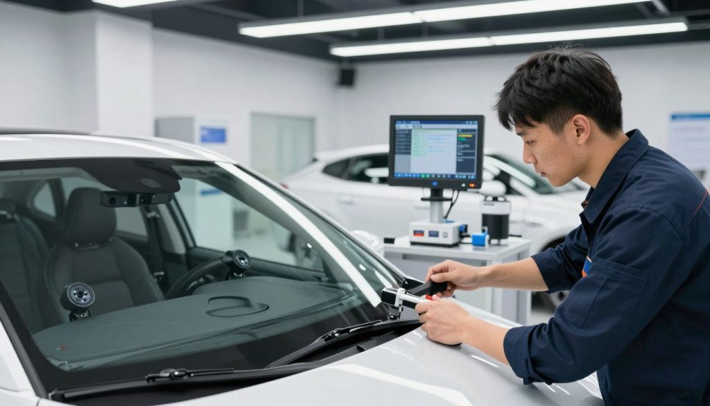 A modern automotive service center interior showcasing windshield ADAS calibration. In the foreground, a Volvo car with a partially removed windshield, revealing high-tech sensors mounted on the dashboard. A technician, dressed in professional work attire, carefully aligns a calibration tool to the car’s windshield. In the middle ground, various calibration equipment is neatly organized, along with a digital display showing calibration results. The background features a clean workshop with bright LED lighting, emphasizing a sterile, focused environment. Use a wide-angle lens perspective to capture the entire setting with a slight depth of field, creating a sharp focus on the technician and the calibration tools, while softly blurring the background. The mood is one of precision and professionalism, highlighting the importance of proper vehicle maintenance.