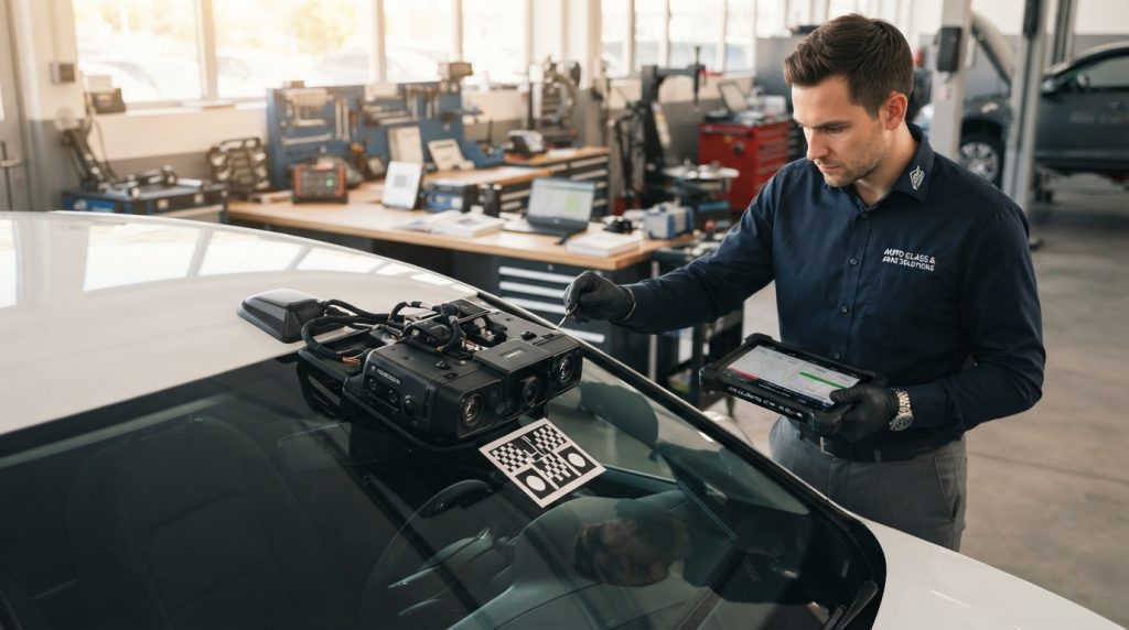 A modern windshield camera system set up for Advanced Driver-Assistance Systems (ADAS) calibration. In the foreground, the camera system, sleek and high-tech, prominently features sensors and lenses designed for precision. In the middle, a technician is focused on calibrating the device, wearing professional business attire, with a tool in hand. The background shows a well-lit auto repair shop, with tools and equipment organized neatly on a workbench. Natural sunlight filters through the workshop’s windows, casting soft light over the scene. The atmosphere conveys a sense of professionalism and technological advancement, highlighting the importance of precision in windshield replacement and calibration. The angle captures depth, showcasing the entire setup clearly without distractions.