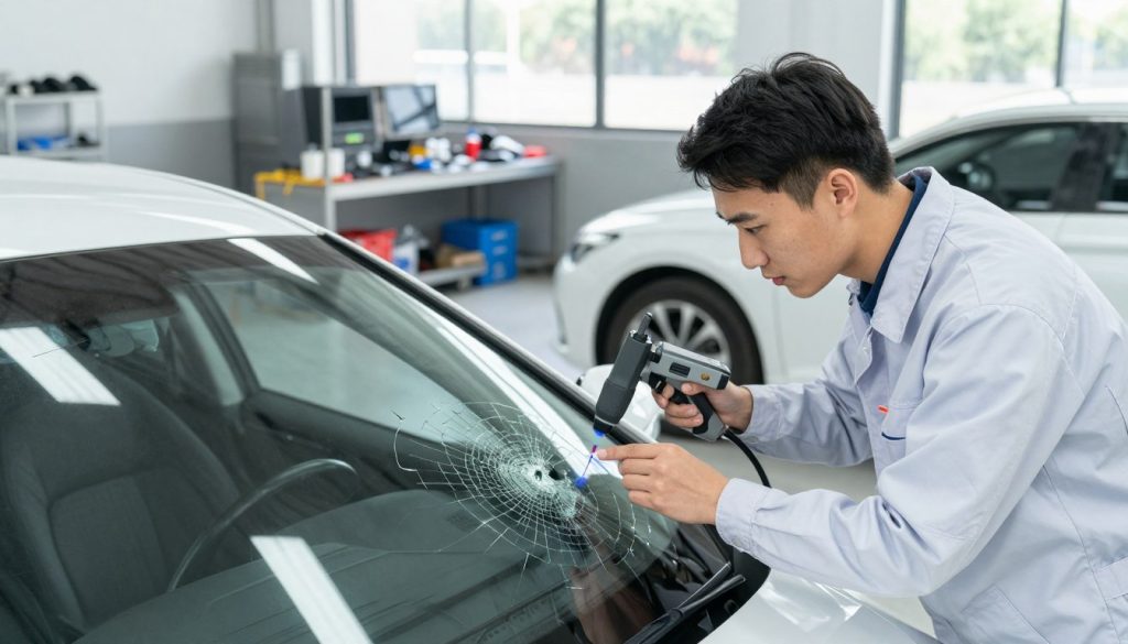 A professional auto glass service scene in action. In the foreground, an experienced technician in a crisp uniform, carefully inspecting a cracked windshield of a modern sedan using advanced tools, such as a laser measuring device. The technician’s focused expression conveys expertise. In the middle ground, a well-lit service bay showcases more vehicles and tools neatly organized, emphasizing a clean, efficient workspace. The background features a large window allowing natural light to flood in, enhancing the bright and welcoming atmosphere. The setting should have a subtle sheen, reflecting professionalism and attention to detail. Capture this from a slightly elevated angle to highlight the task at hand, with soft, even lighting for a polished look.