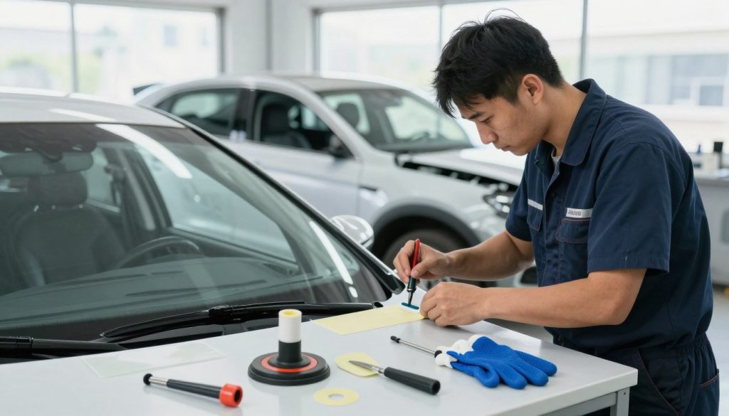 A professional auto glass technician in a clean workshop, focusing intently on the intricate process of replacing a car windshield. In the foreground, tools like a suction cup, adhesive, and protective gloves are neatly arranged on a workbench. The technician, dressed in a smart uniform, is carefully applying adhesive to the frame. The middle background showcases a partially dismantled vehicle with clear signs of the replacement process, such as a removed windshield and scattered tools. Bright, natural lighting floods the scene from large windows, enhancing the clarity of the task at hand. The atmosphere is industrious yet meticulous, highlighting the precision and expertise involved in the Miracle Auto Glass replacement process.