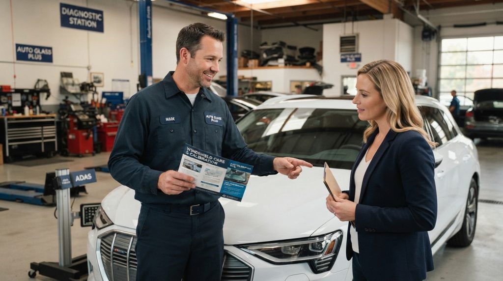 A professional automotive technician, dressed in a clean mechanic's uniform, is demonstrating vehicle-specific glass care instructions to a focused driver. In the foreground, the technician is holding detailed care pamphlets, gesturing towards the windshield of a modern vehicle. The driver, dressed in casual but polished clothing, is attentively listening and nodding in understanding. In the middle background, a well-lit garage is visible, equipped with tools and automotive equipment, emphasizing a dedicated workspace. Soft, warm lighting creates an inviting atmosphere, while the angle captures both the technician and driver in a clear view, highlighting their interaction. The mood is informative and professional, illustrating the importance of proper windshield care post-calibration. A professional automotive technician, dressed in a clean mechanic's uniform, is demonstrating vehicle-specific glass care instructions to a focused driver. In the foreground, the technician is holding detailed care pamphlets, gesturing towards the windshield of a modern vehicle. The driver, dressed in casual but polished clothing, is attentively listening and nodding in understanding. In the middle background, a well-lit garage is visible, equipped with tools and automotive equipment, emphasizing a dedicated workspace. Soft, warm lighting creates an inviting atmosphere, while the angle captures both the technician and driver in a clear view, highlighting their interaction. The mood is informative and professional, illustrating the importance of proper windshield care post-calibration.