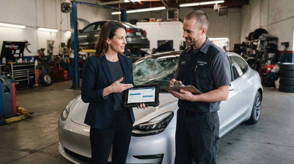 A professional driver in casual but neat clothing, standing beside a sleek vehicle with a partially open rear window showcasing a shattered windshield. The driver is gesturing towards a digital tablet that displays vehicle details, as they engage with an attentive technician, who is wearing a work shirt and holding a notepad. The scene is set in a bright, well-lit auto repair shop, with tools and equipment in the background. Use a shallow depth of field to focus on the interaction between the driver and technician, while creating a slightly blurred backdrop filled with automotive paraphernalia. The mood is professional yet approachable, capturing the essence of auto service discussions. Illuminate the scene with soft, natural lighting to enhance the clarity of faces and details.