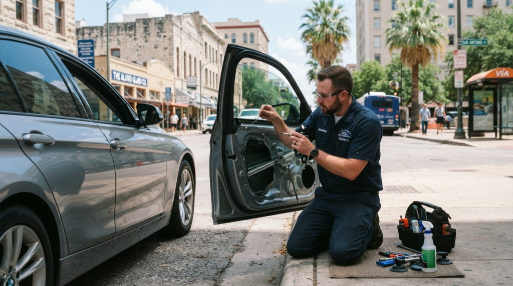 A professional mobile auto glass technician in a branded uniform inspects a partially rolled-up car window on a sleek sedan parked on a city street in San Antonio. The technician is focused and methodical, using specialized tools to examine the window mechanism. Bright daylight casts soft shadows, highlighting the details of the car's sleek design and the technician's tools. In the background, palm trees sway gently in the warm breeze, showcasing a sunny Texas atmosphere with blue skies. Captured from a low angle, the shot emphasizes the technician's expertise and the vehicle's condition, conveying a sense of urgency and professionalism in this automotive repair scene.