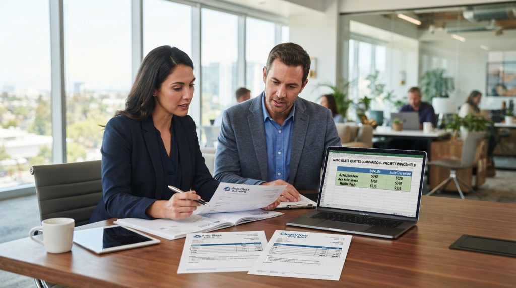 A professional setting featuring two people, one a woman and the other a man, seated at a sleek conference table, comparing auto glass quotes on a laptop and printed documents. The foreground showcases the documents with detailed quotes listed. In the middle, the individuals are engaged in discussion, both dressed in smart business attire, focusing on the quotes, with expressions of concentration. The background reveals a modern office with large windows allowing natural light to filter in, creating a bright and inviting atmosphere. Soft shadows enhance the depth of the scene, while a slight lens blur on the office decor adds a professional touch. The overall mood is analytical and focused, conveying the importance of informed decision-making in windshield replacement costs.