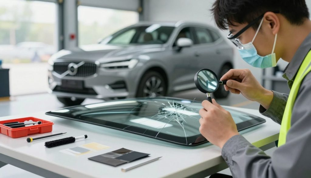 A professional setting showcasing windshield protection and repair preparation tips. In the foreground, a close-up of a technician wearing a safety vest and goggles, carefully inspecting a cracked windshield with a magnifying glass. In the middle, neatly arranged tools and materials for windshield repair, like resin, patches, and a repair kit, displayed on a clean workbench. The background features a soft-focus garage with a sleek Volvo XC60 and natural light flooding in through large windows, creating an inviting atmosphere. The image conveys a sense of precision and professionalism, emphasizing the importance of preparation in windshield repair. The lighting is bright and clear to highlight details, captured with a 50mm lens for a sharp focus effect. A professional setting showcasing windshield protection and repair preparation tips. In the foreground, a close-up of a technician wearing a safety vest and goggles, carefully inspecting a cracked windshield with a magnifying glass. In the middle, neatly arranged tools and materials for windshield repair, like resin, patches, and a repair kit, displayed on a clean workbench. The background features a soft-focus garage with a sleek Volvo XC60 and natural light flooding in through large windows, creating an inviting atmosphere. The image conveys a sense of precision and professionalism, emphasizing the importance of preparation in windshield repair. The lighting is bright and clear to highlight details, captured with a 50mm lens for a sharp focus effect.