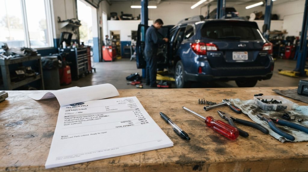 A realistic repair shop scene showcasing a detailed estimate for a vehicle power window service on a wooden workbench. The foreground features an open, neatly arranged estimate document with itemized services and prices visible, accompanied by a pen resting beside it. In the middle, there are tools like screwdrivers and pliers scattered around, hinting at an ongoing repair. The background depicts a well-lit garage with a partially visible car, emphasizing the work in progress. Soft, natural lighting streams in from a nearby window, creating a professional and inviting atmosphere. The angle is slightly elevated, providing a clear view of the estimates and tools, while conveying an organized and industrious environment.