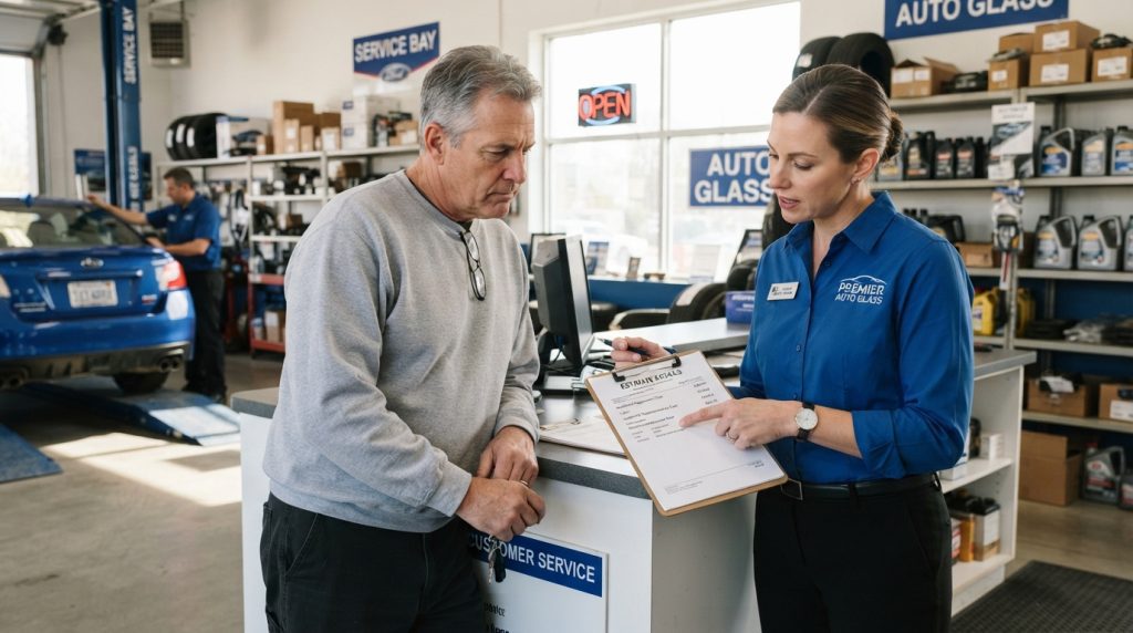 A service adviser in a bright, well-lit auto repair shop is reviewing a glass replacement estimate with a driver. The adviser, dressed in a crisp blue shirt and black slacks, appears professional and attentive, pointing at the detailed estimate on a clipboard. The driver, a middle-aged person in casual, modest clothing, listens thoughtfully while leaning slightly forward, displaying a look of concern. In the background, various car parts and tools are neatly organized on shelves, and a large window lets in natural light, creating a warm atmosphere. The scene is captured from a slightly elevated angle, emphasizing the interaction between the two individuals, with soft focus on the background to highlight the discussion at hand. The mood is informative and professional, conveying trust and clarity.