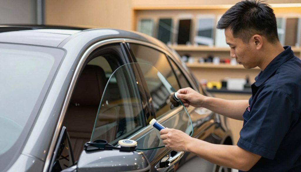 A sleek, high-end luxury vehicle parked in a professional workshop setting, showcasing a technician with short, neatly combed hair in a smart uniform, precisely installing a large, tinted glass pane into the car's side window. The foreground highlights the meticulous care taken during the installation, with tools like a glass suction cup and adhesive applicator gently placed nearby. In the middle ground, the glowing reflections of overhead lights create an aura of professionalism, while the luxurious curves of the vehicle glisten under warm, even lighting. In the background, blurry shelves filled with automotive glass and tools emphasize the specialized nature of the task. The overall atmosphere conveys a sense of high-quality craftsmanship and precision, emphasizing the importance of proper glass installation in preserving a luxury vehicle's aesthetic value.