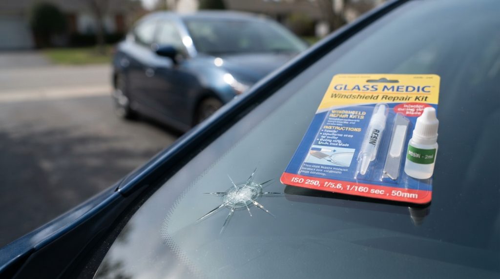 A small fresh windshield chip sits prominently in the foreground, with its edges glistening under soft natural light. Beside it, an unopened repair kit and a bottle of clear resin are elegantly arranged, showcasing the kit's bright colors against a sleek black background. The middle ground features a blurred, out-of-focus vehicle in a driveway setting, subtly indicating the context of the image. The background is slightly dimmed, emphasizing the foreground's clarity, with gentle shadows enhancing the visual appeal. The overall mood is focused and informative, highlighting the importance of addressing minor damages promptly, accentuated by the contrasting textures of the glass chip and the kit materials.