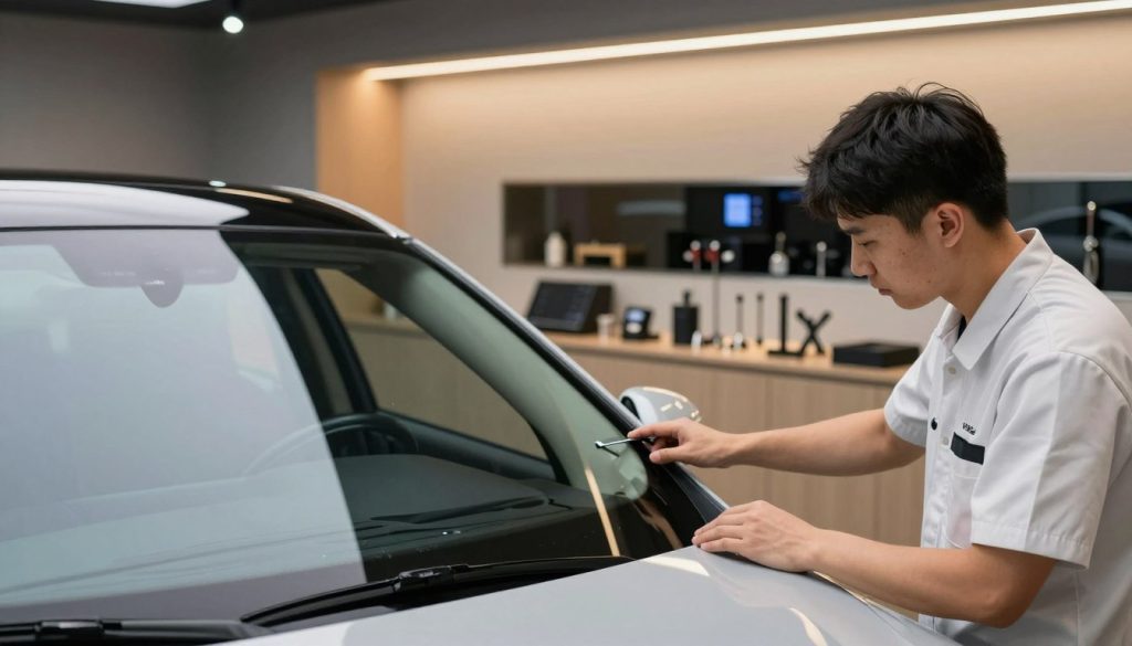 A sophisticated luxury vehicle parked indoors in a high-end auto glass service shop. In the foreground, a professional technician wearing a crisp uniform inspects the vehicle's windshield, highlighting attention to detail. The middle showcases state-of-the-art tools neatly arranged on a polished workbench, ensuring a premium atmosphere. The backdrop features a modern garage interior with sleek lighting, casting soft reflections on the vehicle's surface. A sense of tranquility and luxury permeates the scene, with warm tones illuminating the shop. The image should capture an inviting yet professional mood, emphasizing the elegance of luxury vehicle care without any distractions or text elements. A sophisticated luxury vehicle parked indoors in a high-end auto glass service shop. In the foreground, a professional technician wearing a crisp uniform inspects the vehicle's windshield, highlighting attention to detail. The middle showcases state-of-the-art tools neatly arranged on a polished workbench, ensuring a premium atmosphere. The backdrop features a modern garage interior with sleek lighting, casting soft reflections on the vehicle's surface. A sense of tranquility and luxury permeates the scene, with warm tones illuminating the shop. The image should capture an inviting yet professional mood, emphasizing the elegance of luxury vehicle care without any distractions or text elements.