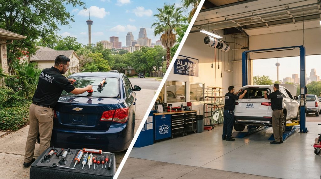 A split-image design showcasing the process of mobile rear windshield replacement in San Antonio on one side, contrasted with a traditional shop service on the other. In the foreground, a skilled technician dressed in professional attire is carefully replacing a rear windshield on a car at a residential location, tools neatly organized beside them. The middle part features a clean, bright workshop scene, with technicians working on vehicles under soft, warm lighting. In the background, iconic San Antonio landmarks subtly emerge, blending with a blue sky. The atmosphere feels practical yet approachable, capturing the essence of convenience and expertise. Aim for a slight tilt-angle for visual interest, and ensure a balanced composition. A split-image design showcasing the process of mobile rear windshield replacement in San Antonio on one side, contrasted with a traditional shop service on the other. In the foreground, a skilled technician dressed in professional attire is carefully replacing a rear windshield on a car at a residential location, tools neatly organized beside them. The middle part features a clean, bright workshop scene, with technicians working on vehicles under soft, warm lighting. In the background, iconic San Antonio landmarks subtly emerge, blending with a blue sky. The atmosphere feels practical yet approachable, capturing the essence of convenience and expertise. Aim for a slight tilt-angle for visual interest, and ensure a balanced composition.
