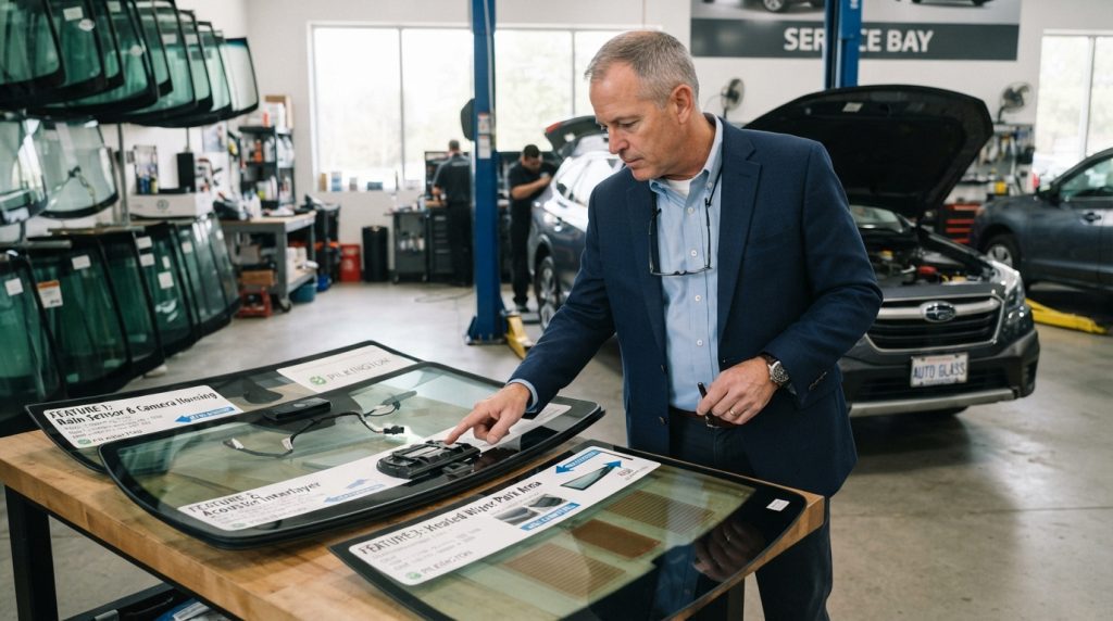 A vehicle owner, a middle-aged man dressed in a professional outfit, stands beside a car with the hood open, examining various windshield features spread out on a table in front of him. The vehicle is parked in an auto shop filled with tools and glass panels in the background. Soft, natural lighting filters through a large window, casting gentle shadows that highlight the man's focused expression as he carefully analyzes the replacement glass options. The foreground showcases the detailed windshield features, including labels and specifications, while the background gives a glimpse of an organized workshop, emphasizing the importance of the decision he’s about to make, invoking a mood of contemplation and professionalism. A vehicle owner, a middle-aged man dressed in a professional outfit, stands beside a car with the hood open, examining various windshield features spread out on a table in front of him. The vehicle is parked in an auto shop filled with tools and glass panels in the background. Soft, natural lighting filters through a large window, casting gentle shadows that highlight the man's focused expression as he carefully analyzes the replacement glass options. The foreground showcases the detailed windshield features, including labels and specifications, while the background gives a glimpse of an organized workshop, emphasizing the importance of the decision he’s about to make, invoking a mood of contemplation and professionalism.