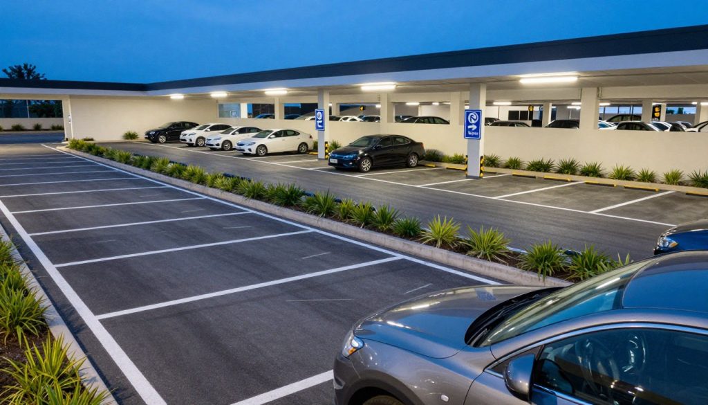 A well-lit, inviting parking area with clearly marked safer parking spots, featuring a combination of spacious parking spaces with wide lanes and protective barriers lined with soft greenery. In the foreground, a shiny, parked car sits at an angle that showcases its windshield, emphasizing its safety. The middle ground displays additional parked vehicles, each maintaining enough distance to minimize potential damage, while illuminated safety signs are mounted on the walls providing clear visibility. In the background, glimpses of a modern, architecturally sleek parking garage can be seen against a bright blue sky, accentuating the contrast between the safer spots and potential risks. The overall atmosphere conveys tranquility and security, encouraging efforts to protect windshields from damage. The angle is slightly elevated, capturing a comprehensive view of the parking layout. A well-lit, inviting parking area with clearly marked safer parking spots, featuring a combination of spacious parking spaces with wide lanes and protective barriers lined with soft greenery. In the foreground, a shiny, parked car sits at an angle that showcases its windshield, emphasizing its safety. The middle ground displays additional parked vehicles, each maintaining enough distance to minimize potential damage, while illuminated safety signs are mounted on the walls providing clear visibility. In the background, glimpses of a modern, architecturally sleek parking garage can be seen against a bright blue sky, accentuating the contrast between the safer spots and potential risks. The overall atmosphere conveys tranquility and security, encouraging efforts to protect windshields from damage. The angle is slightly elevated, capturing a comprehensive view of the parking layout.
