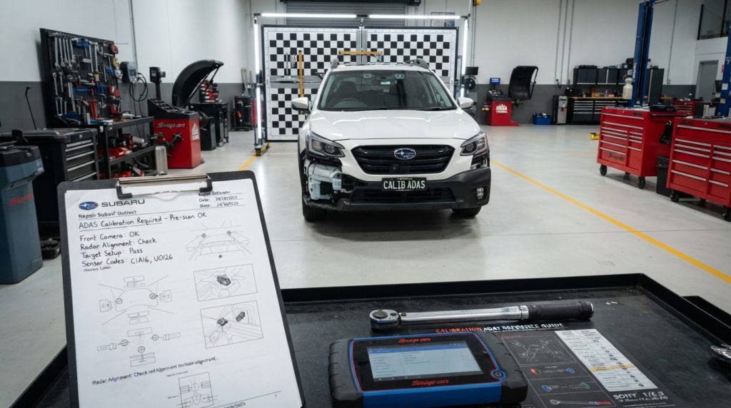 A well-organized workspace displaying vehicle details and repair notes for ADAS calibration. Foreground features a detailed clipboard with handwritten notes and repair estimates, emphasizing technical jargon and diagrams. Middle section showcases a modern vehicle with exposed sensors and cameras, under bright LED lighting that highlights critical components. The background features a clean, professional auto repair shop environment with tools and equipment neatly arranged. The scene is captured from a slightly elevated angle to convey depth, creating an atmosphere of professionalism and safety. The overall mood is serious and focused, reflecting the importance of precise calibration for vehicle safety systems. No human figures are present in the image. A well-organized workspace displaying vehicle details and repair notes for ADAS calibration. Foreground features a detailed clipboard with handwritten notes and repair estimates, emphasizing technical jargon and diagrams. Middle section showcases a modern vehicle with exposed sensors and cameras, under bright LED lighting that highlights critical components. The background features a clean, professional auto repair shop environment with tools and equipment neatly arranged. The scene is captured from a slightly elevated angle to convey depth, creating an atmosphere of professionalism and safety. The overall mood is serious and focused, reflecting the importance of precise calibration for vehicle safety systems. No human figures are present in the image.
