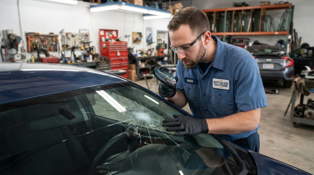 An auto glass technician, dressed in a blue uniform and safety gloves, carefully inspects a large, cracked windshield in a well-lit repair shop. The technician is focused, using a magnifying glass to examine the damage, with various tools scattered on a nearby workbench. The foreground features the technician's hands holding the magnifying glass, while the middle showcases the windshield under bright, even lighting that highlights the cracks. In the background, other car parts and equipment are slightly blurred, creating a professional workshop atmosphere. The image conveys a sense of diligence and expertise, emphasizing the importance of thorough inspection before repair. The scene is crisp and clear, captured from a slightly elevated angle to showcase both the technician and the windshield prominently.